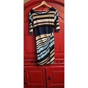 MSK Sze XL Faux Wrap Dress Side Gather Striped Longer Short Sleeve Navy Pink EUC